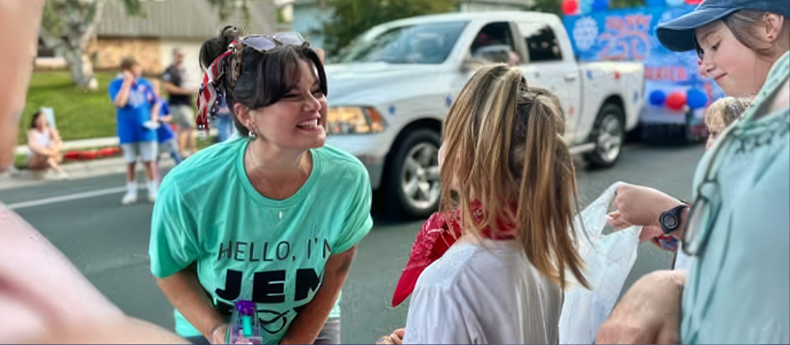 Jen Fox greeting supporters at a community event